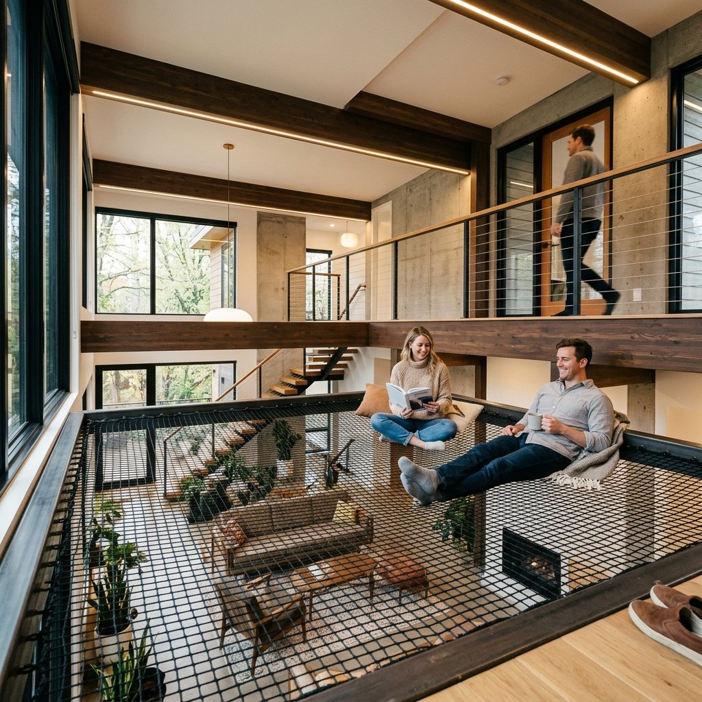 Hammock net floor loft installed as mezzanine in modern home