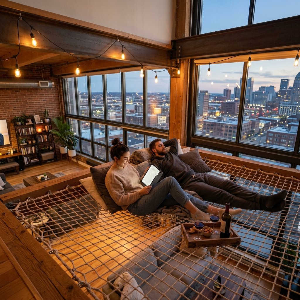 Couple relaxing on hammock loft in modern apartment